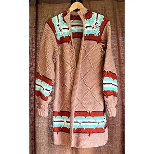 Handmade Crochet Long Cardigan Sweater Southwest Look Hand Made Knit